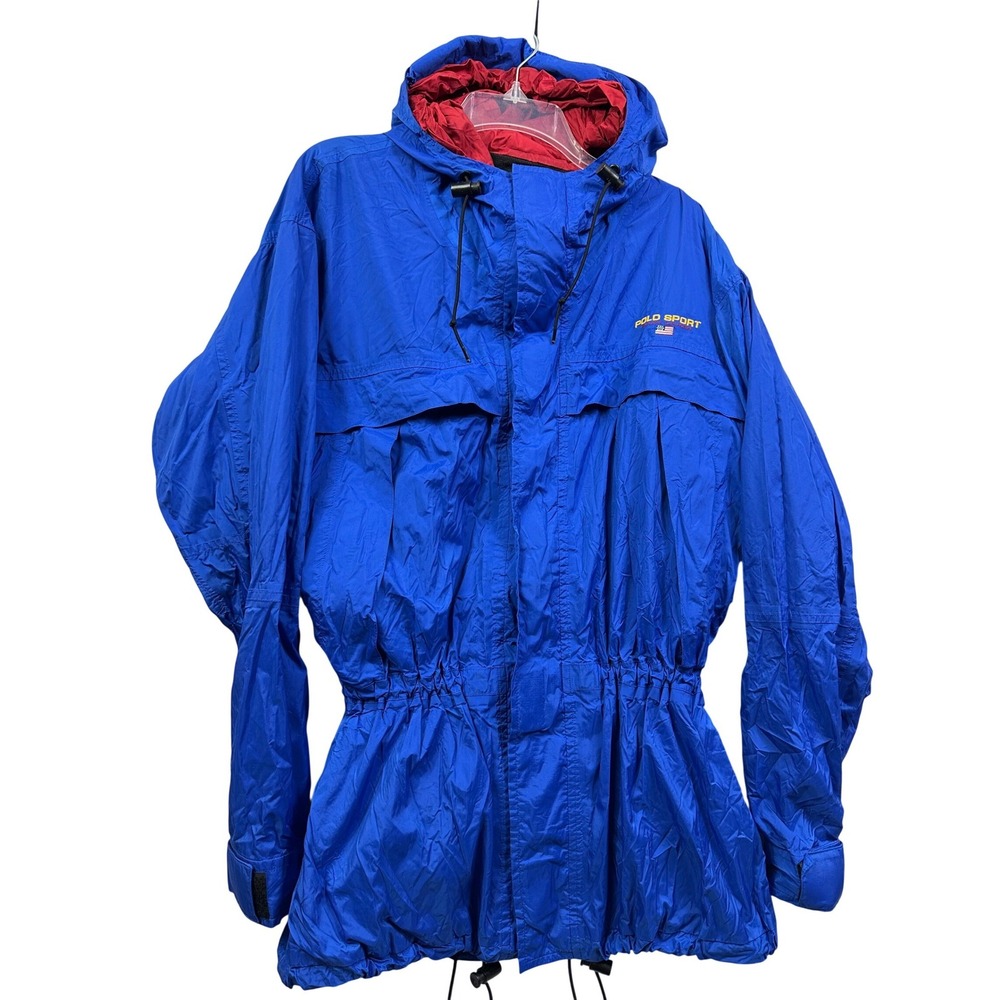 Polo Sport Ralph Lauren Blue Windbreaker Jacket Hooded Spell Out USA Flag‎ Women
